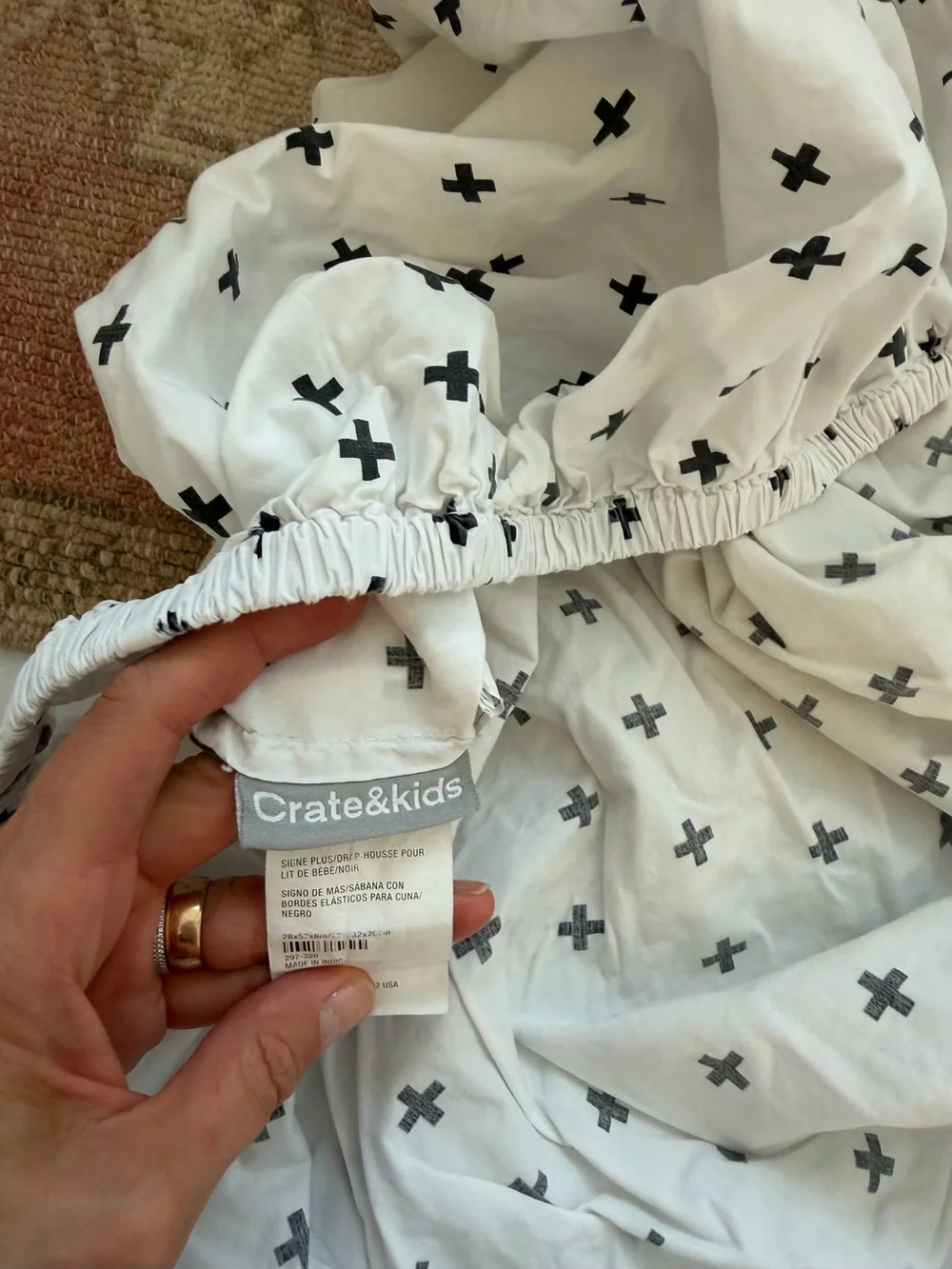 Crate&Barrel White with Black Cross Print Crib Sheet
